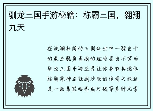 驯龙三国手游秘籍：称霸三国，翱翔九天